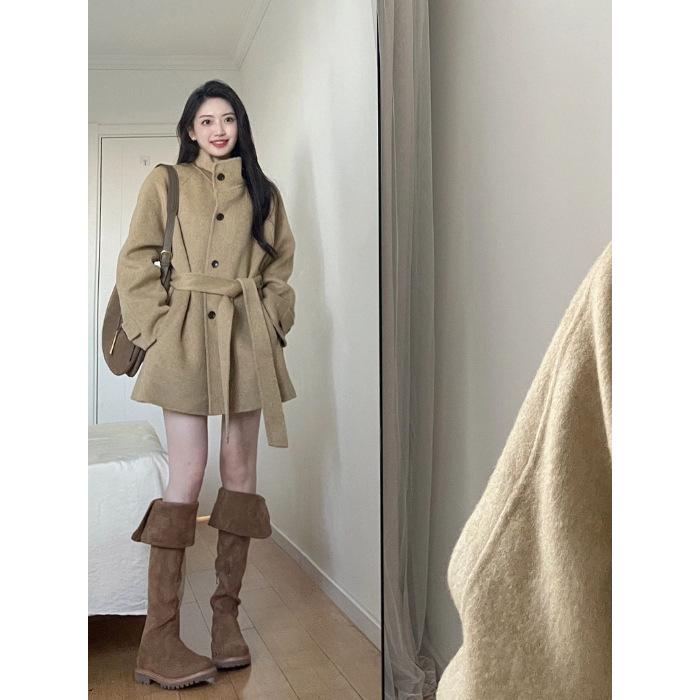 "Women's Khaki Wool Coat: Korean-Style Lace-Up, Medium-Length, Perfect for Autumn/Winter"