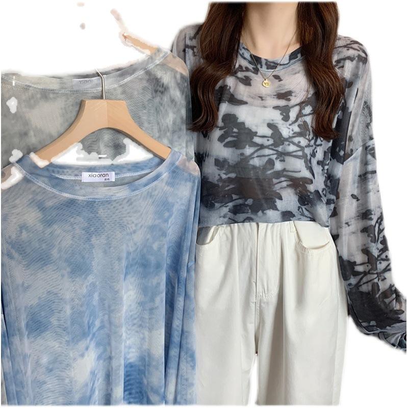 Summer Perspective Tie Dyed Mesh Sunscreen Top for Women's Thin Ice Silk Long Sleeved T Shirt Cover Up Women Beach T-shirts
