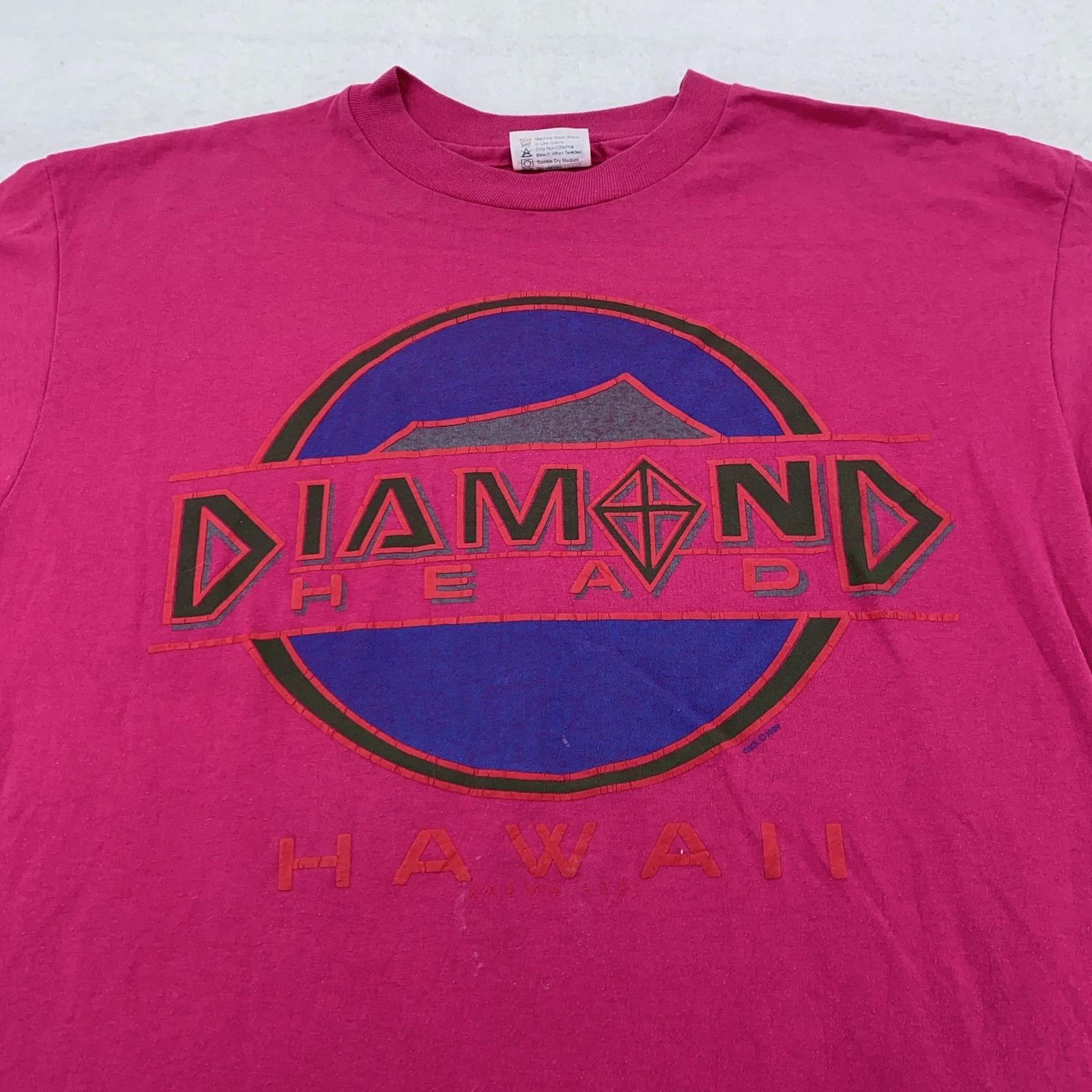 

Vintage Diamond Head T-Shirt Mens L Pink Hawaii Scenic Graphic Tee Hanes 90s USA L