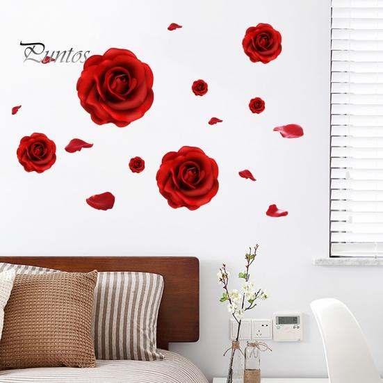 Easy Peel And Stick Wallpaper Romantic 3D Rose Flower Wall Stickers, Waterproof PVC Decal, Large Red Mural Art Decor, Decals for Home Living