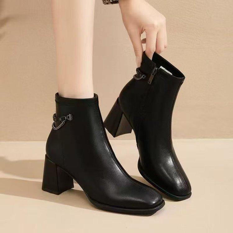 Outono/Inverno Novas Botas de Tornozelo Estilo Britânico Femininas - Bico Quadrado Borla Salto Grosso Decoração Diamante Zíper Lateral Botins