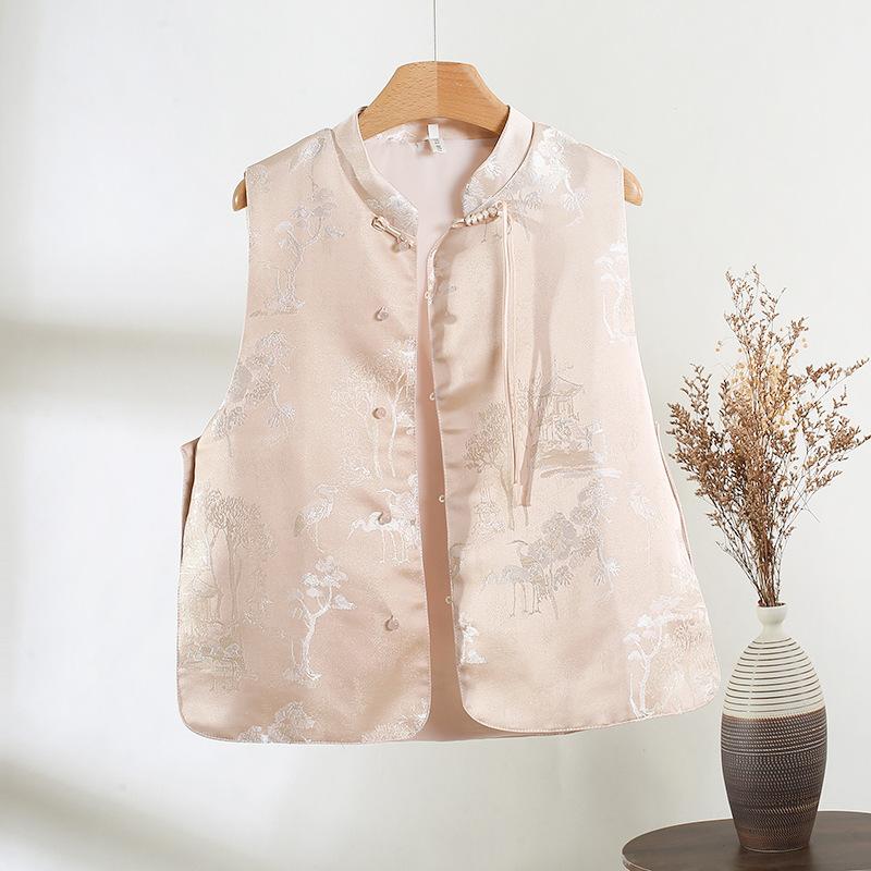 Improved Sleeveless Vest Vintage Crew Neck Button Brocade Jacquard Top Vest