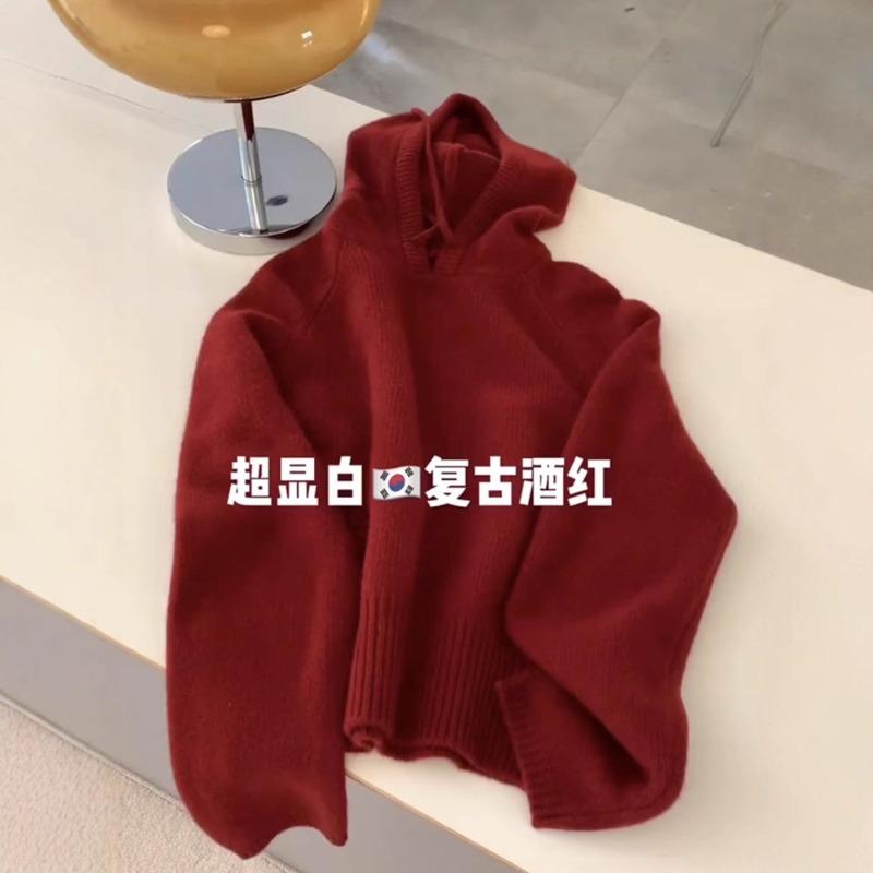 Pullover hooded sweater knitted cardigan jacket women's loose versatile and thin natal new red sweater autumn and winter