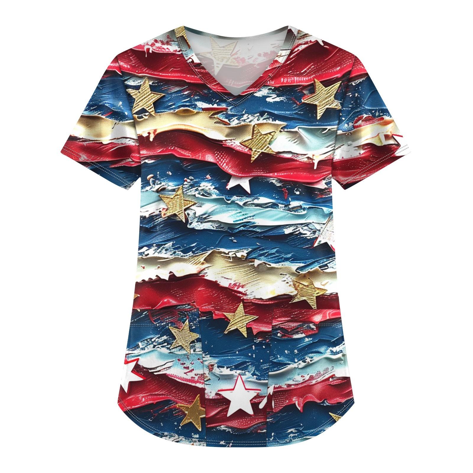 

Плюс размер скраб с принтом Рабочая униформа Топы для женщин V-образным вырезом с принтом ко Дню независимости с короткими рукавами Забавные футболки Спецодежда Футболка с карманами XXXL киноварь