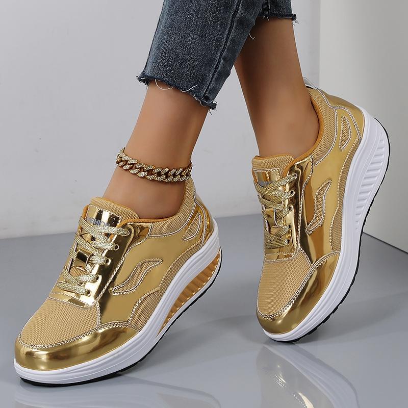 Fashion Spring Gold Mesh Casual Shoes Breathable Lace-up Wedge Platform Sneakers Women Shoes Comfortable Sports Silver Tennis Shoes