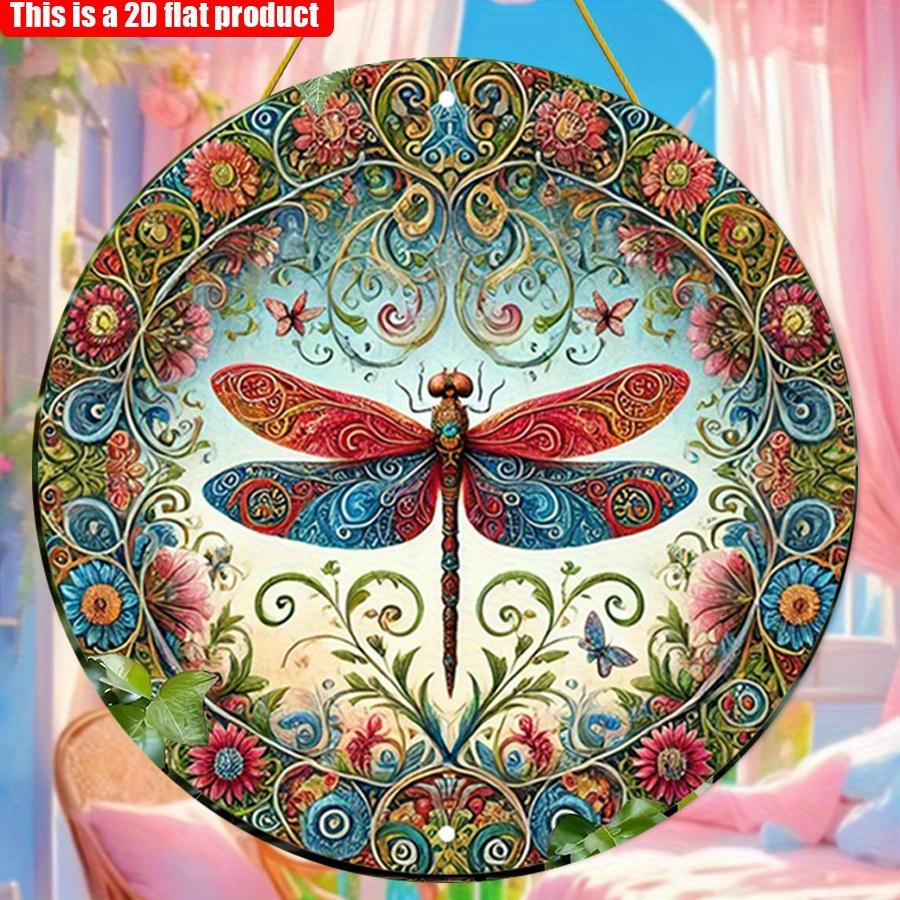 2D Flat 20*20cm1pc Colorful Dragonfly Pattern Wooden Wall Art Plaque, Round with Delicate Floral and Insect Design for Home, Garage, Garden and Cafe