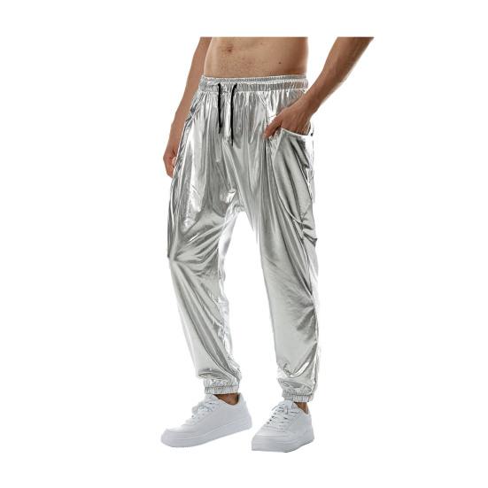 

Мужские блестящие брюки с завязками на талии, спортивные брюки, брюки металлик для вечеринок в ночном клубе L серебряный