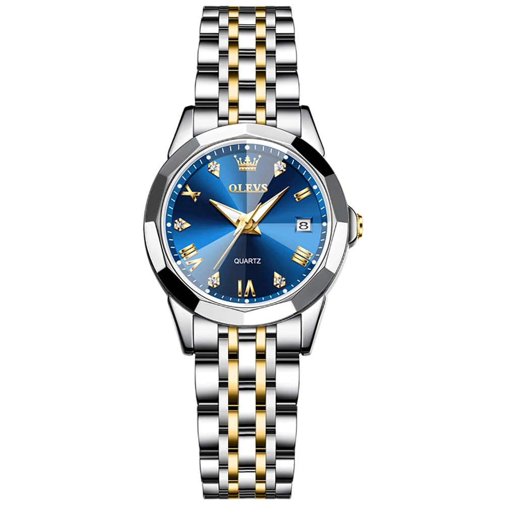 OLEVS Women's Stylish Quartz Wristwatch, Popular, Waterproof, Diamond, Date Display, Easy to Read, Luminous, White, Gift, Ladies Watch (Blue)