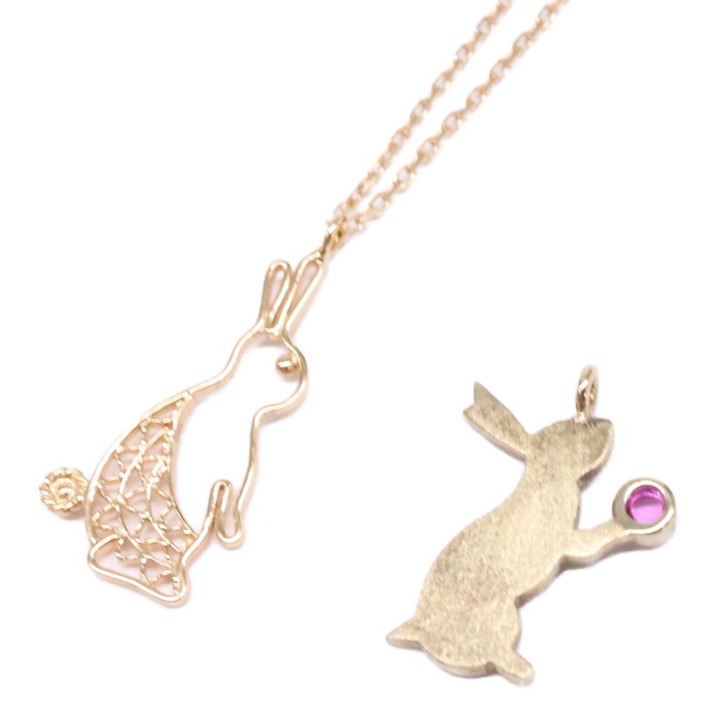 MOTHERHOUSE Ruby Rabbit Pendant Top, Standing Rabbit Pendant Top, K10 Chain Necklace, Total of 3 Pieces Necklace Yellow GoldUsed