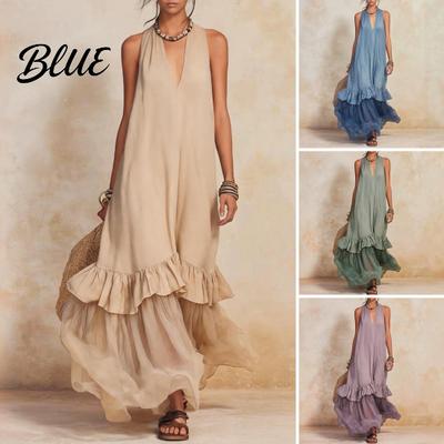 Skin-friendly Fabric Dress Summer Sleeveless Maxi for Women Deep V Neck Boho Chic Mesh Patchwork Long Dress A-line Ruffle Flowy Beach Sundress
