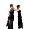 Women's Black Floral Backless Halter Maxi Dress - Slim Fit & Waist-Cinching, Figure-Flattering Bodycon Design with Summer Slit.
