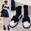 Elastic French Socks Boots Women's Bow Short Boots Small Leather Shoes Spring and Autumn Black Martin Boots Women's Splicing New Models
