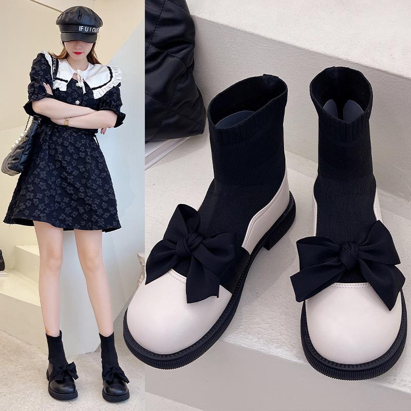 Elastic French Socks Boots Women's Bow Short Boots Small Leather Shoes Spring and Autumn Black Martin Boots Women's Splicing New Models