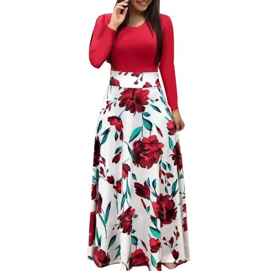 Damen O-Ausschnitt Lang Kurzarm Blumenmuster Großer Saum Tailleneng Maxi-Kleid