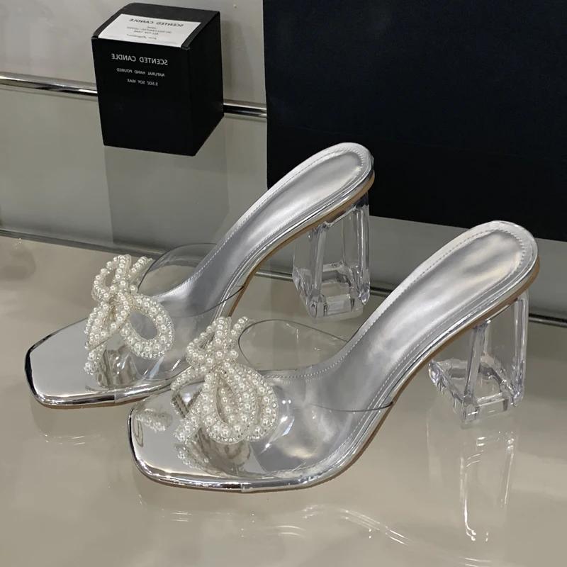 

Eilyken Новые прозрачные ПВХ босоножки с открытым носком и кристаллами на высоком каблуке с бантиком-бабочкой, женские сандалии, летние банкетные шлепанцы 35 серебряный