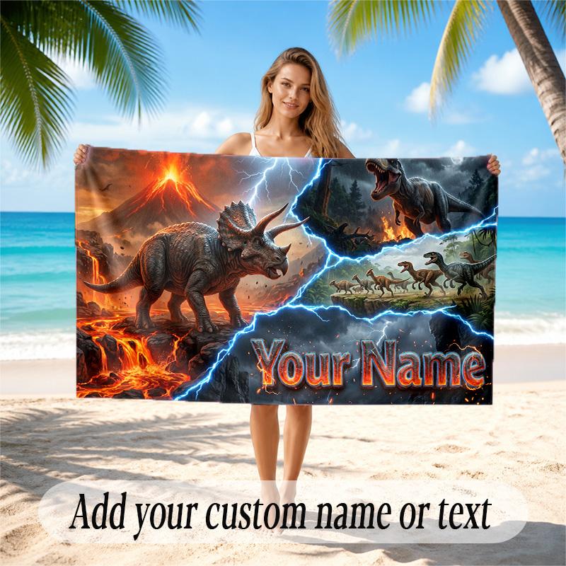 Dinosaur Theme Quick Dry Beach Towel Custom Name Text Print Large Sand Resistant Towel Beach Vacation