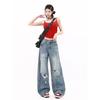 Women's High Waist Wide Leg Jeans Non Stretch Vintage Washed Heavy Ripped American Streetwear Denim Trousers