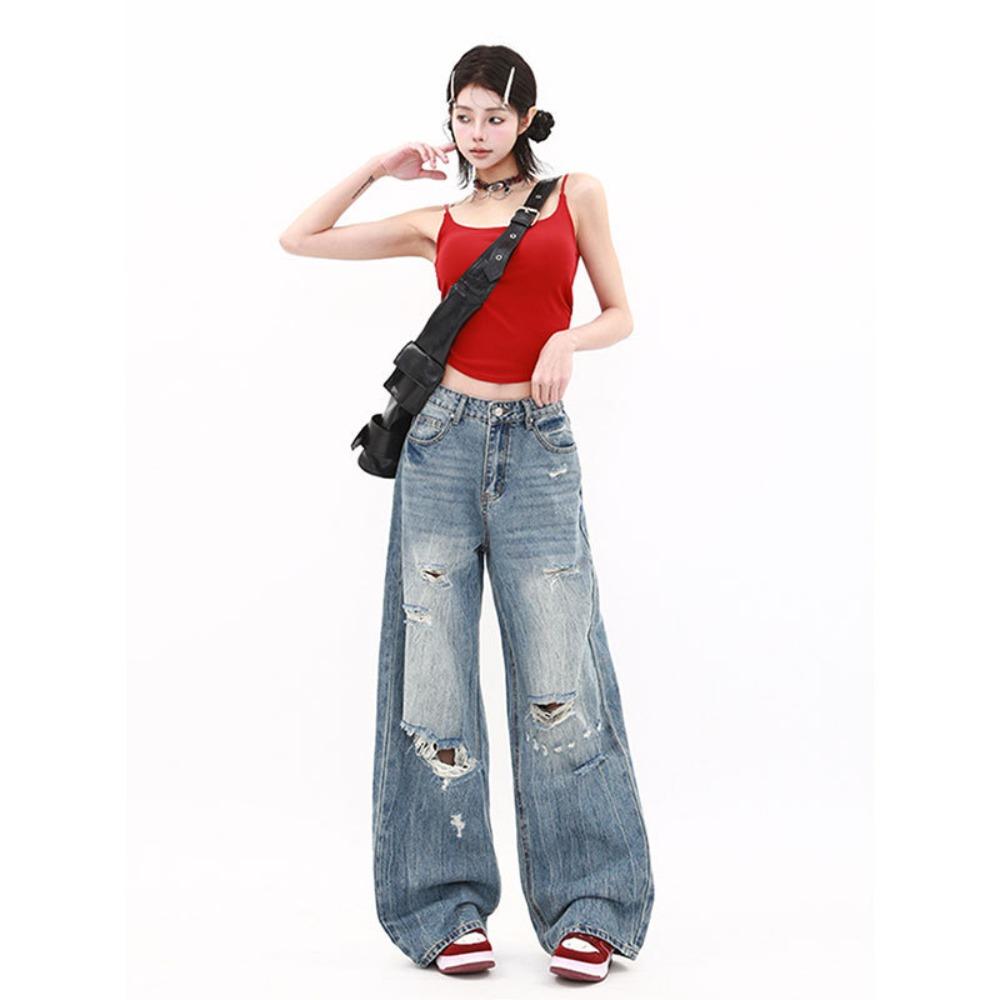Women's High Waist Wide Leg Jeans Non Stretch Vintage Washed Heavy Ripped American Streetwear Denim Trousers