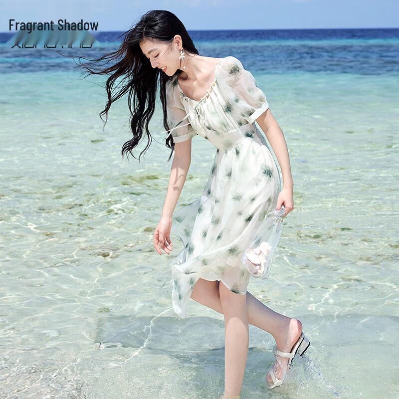 Xiangying Women s Tie-Dye Print Puff Sleeve Chiffon Dress XL