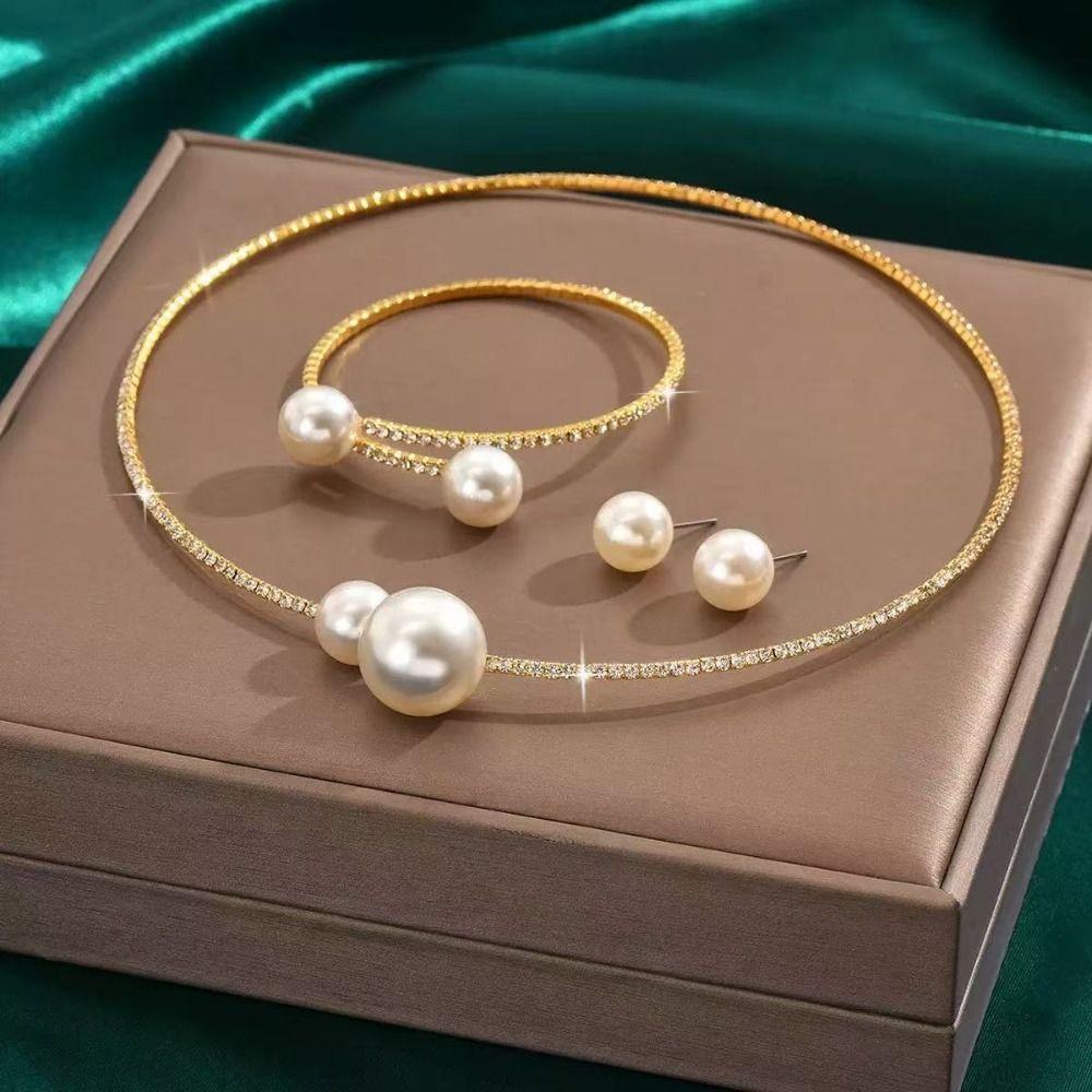 Silver/Gold Imitation Pearl Choker Necklace Openable Bracelet Rhinestones Necklace Bracelet Gift