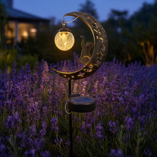 Solar Moon And Hummingbird Garden Light, Outdoor Cracked Glass Ball Stake Lamp for Yard, Waterproof Automatic LED Lighting for Patios Lawns