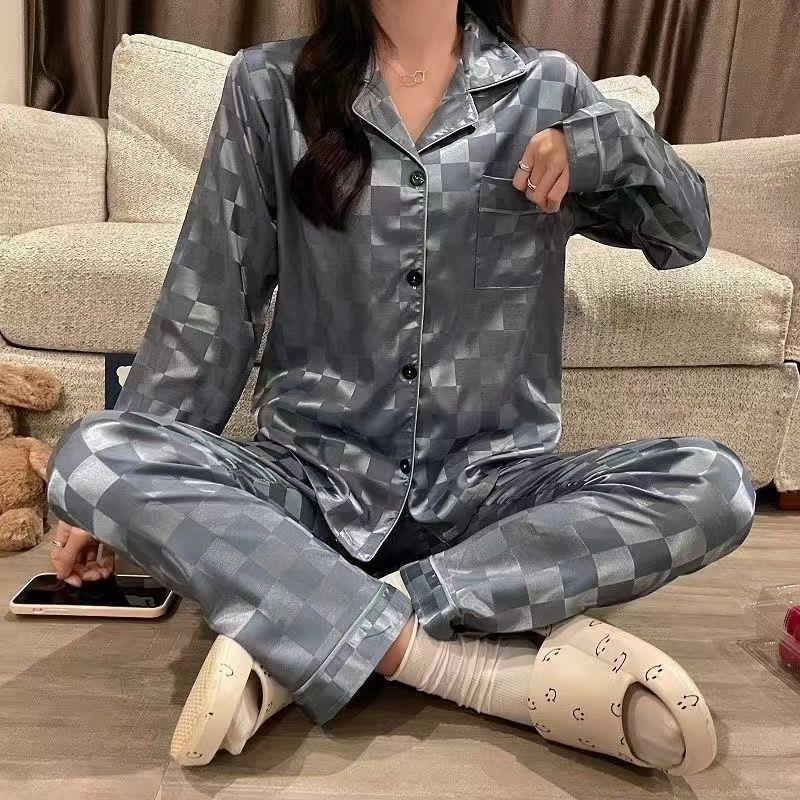 Ice Silk Pajamas Women Long Sleeve Lace Green Premium Sense Two Piece Sweet Homewear Love Blue