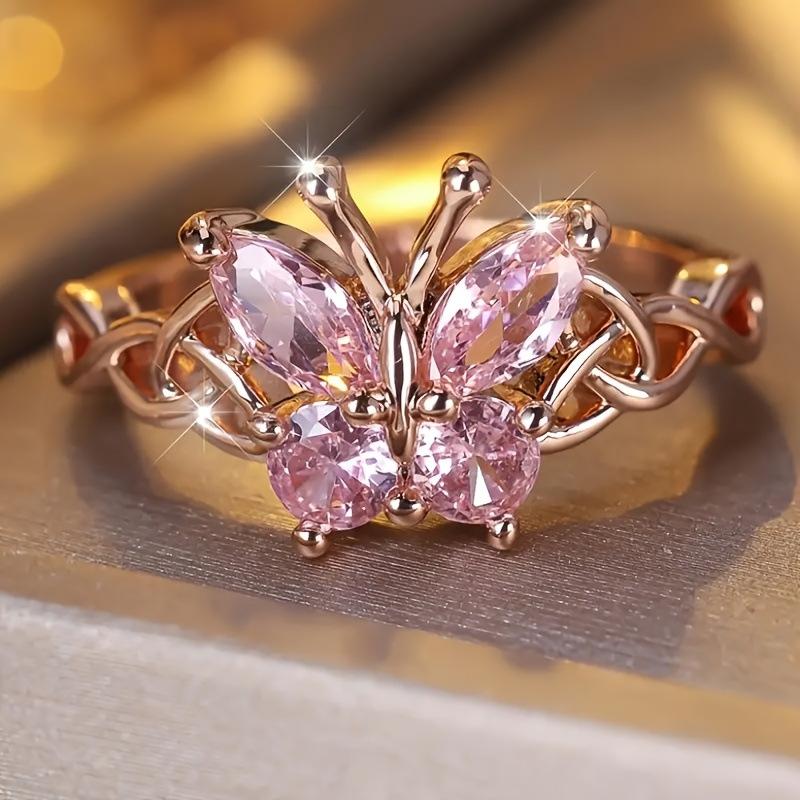 Pink Diamond Butterfly Ring Fashion Exquisite Personality Design Ring Fashion Jewelry Women's Jewelry