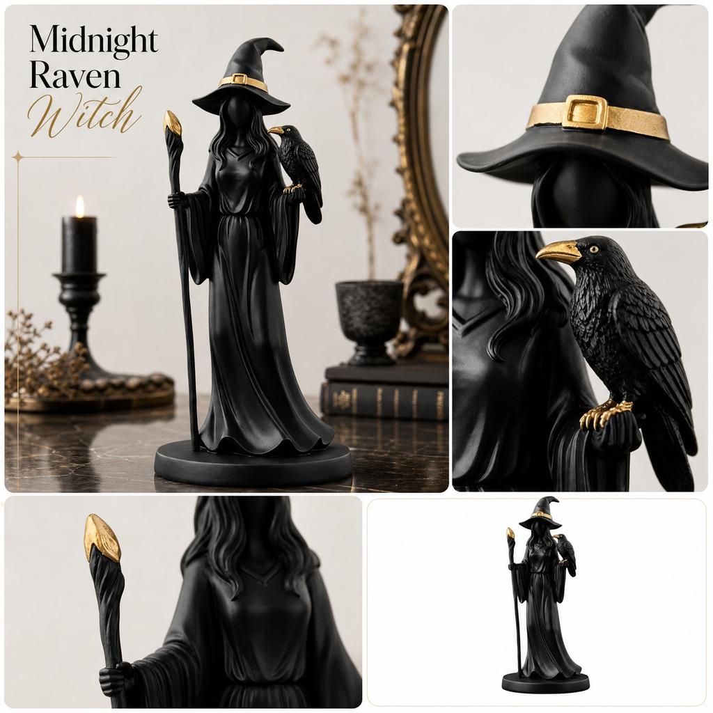 Witch Figurine Resin Sculpture with Staff and Bird On Arm Standing On Round Base Gothic Style Decorative Statue for Home Office Shelf Display