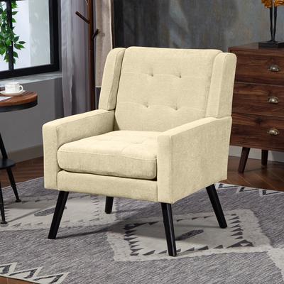 Upholstered Chair with Button Tufting Made of Suede - Mid-Century Modern Armchair with High-Density Foam Cushion and Solid Wood Legs for Small Spaces