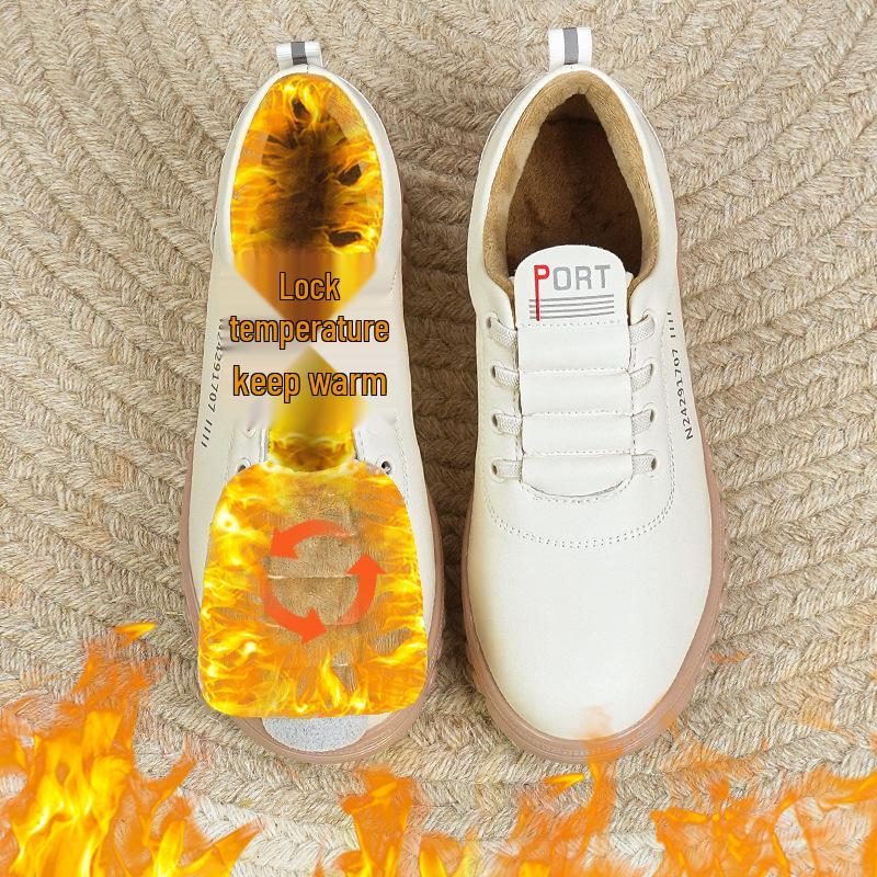 Women's Fleece-Lined White Leather Sneakers: Warm Winter Fashion - Soft Upper & Casual Style for Middle-Aged and Elderly.