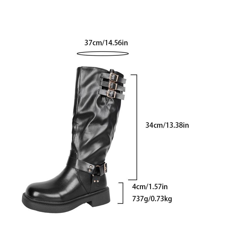 Black leather boots French retro belt buckle medium tube thick sole western cowboy knight boots cowboy boots 36