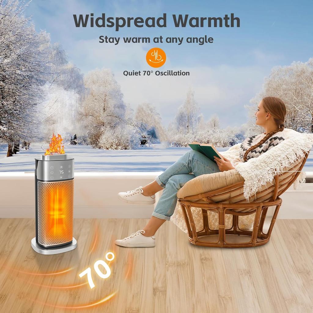 1500W Portable Space Heater for Indoor Use with Thermostat Humidifier, 70°Oscillation 12h Timer Overheat Tip-Over Protection for Bedroom Home Office
