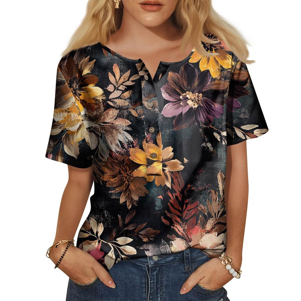 Dámská móda ležérní halenka s potiskem s kulatým výstřihem a krátkým rukávem