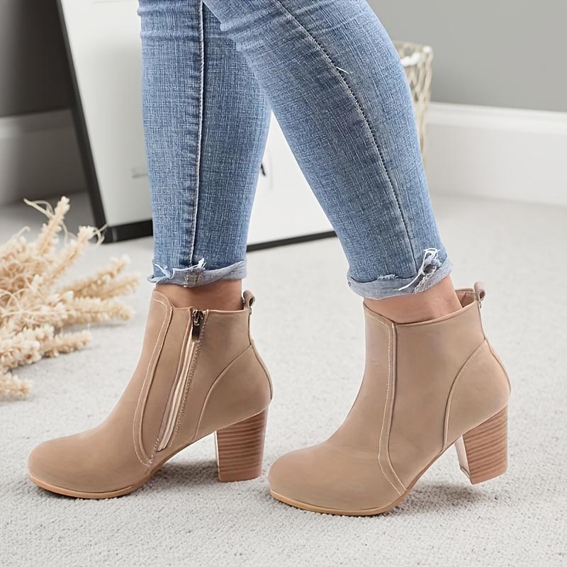 Women'S Chunky Heel Ankle Boots with Side Zipper - Round Toe Faux Cover, Beige, 7cm Platform Height, Comfortable Fabric Lining for Casual