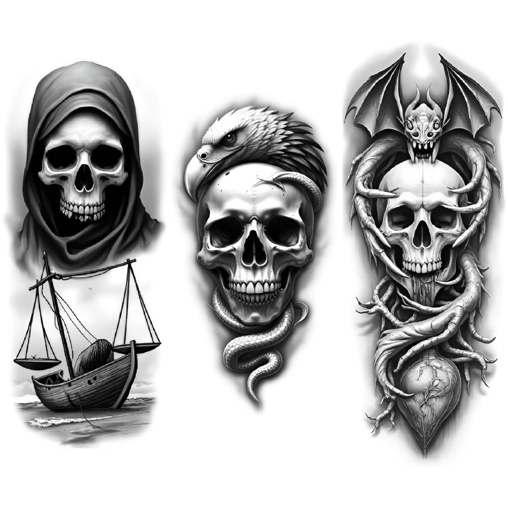 

3pcs Temporary Tattoo Black And Grey Realism Demon Bat Skull Skull With Cat Skull With Eagle And Snake For Arms Thighs