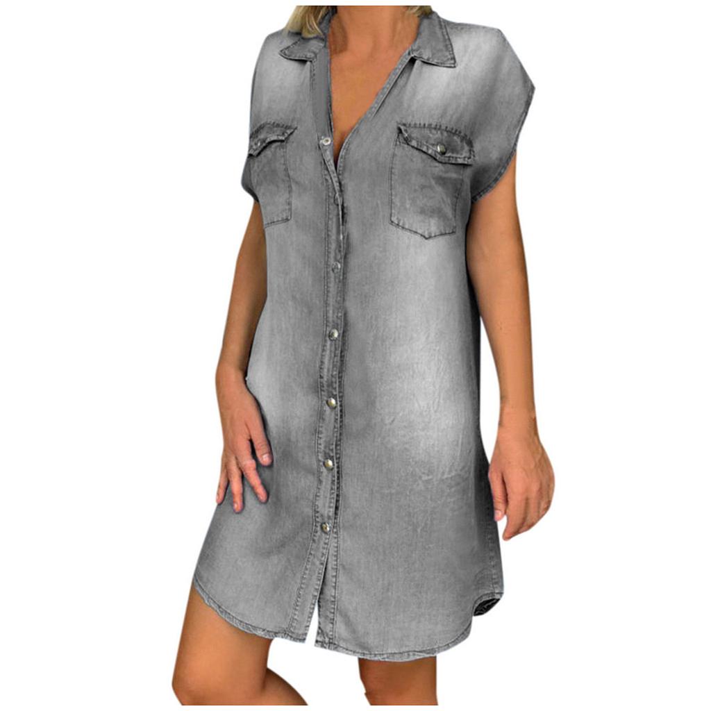 Women's Casual V-neck Denim Party Dress Sleeveless Swing Dress