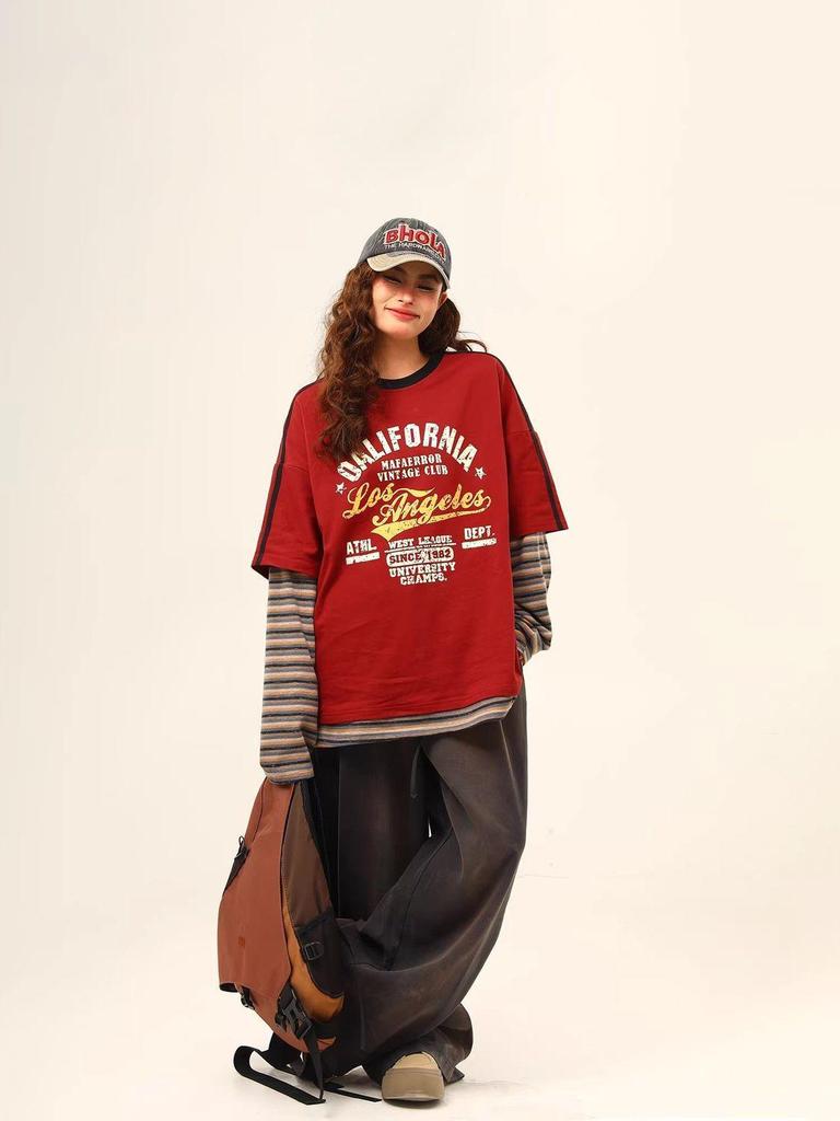 Women's Retro Patchwork Round Neck Long Sleeve Casual T-Shirt