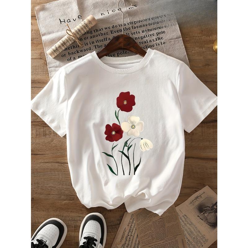 European Size Floral Print Pure Round Neck Short Sleeve