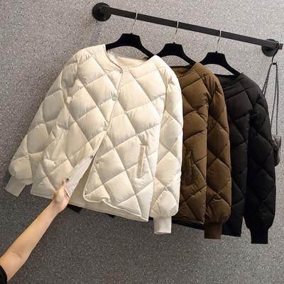 Women Winter Down Coat Rhombus Texture Stitching Thick Padded Pockets Long Sleeves Solid