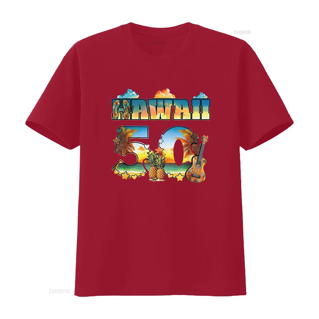 Hawaii 50. Bundesstaat Hawaiianischer Strand Hibiskus 50 Maui Damen Sommer T-Shirt Lässig und Bequem vintage gewaschen Atmungsaktiv