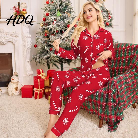 Holiday Women Pajamas Christmas Matching Set Snowflake Print Two Piece Lounge Breathable Loungewear Set Button Down Long Sleeve Top Pants Sleepwear