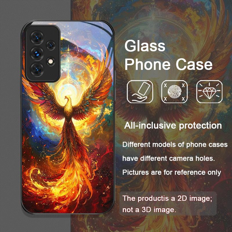 Aesthetic Phoenix Fire Feather Pattern Tempered Glass Phone Case for Samsung Galaxy A56 A55 A54 A53 A52 A36 A14 A31 A51 5G Cover
