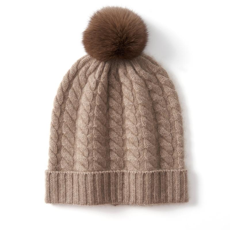 Super Soft Cashmere Autumn and Winter New Women's Knitted Toe Twist Pattern Removable Genuine Fur Ball Thickened Warm Ear Protection Hat