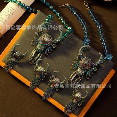 Europe America Western Regions Exotic Ethnic Styles Heavy Industry Cow Head Tassel Earrings Inlaid With Zircon Exaggerated Personality Antique Jewelry
