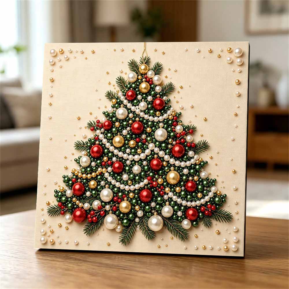 Premium Framed Pearl Art Kit with Christmas Tree Pattern 5D Sparkling Bead Canvas DIY Relaxing Craft for Festive Home Wall Decor Gift