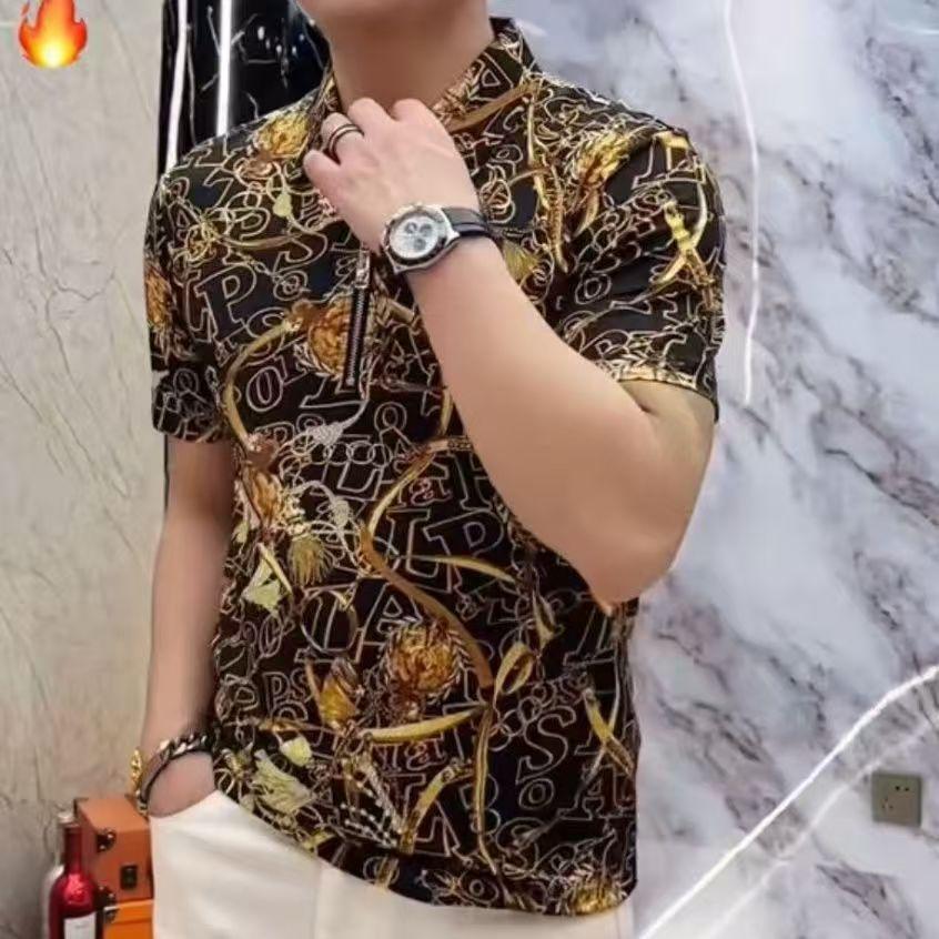 2025 Summer New Short Sleeve Men's Casual Trendy Printed High Elasticity Non-Iron Shirt Men's Zipper Short Sleeve