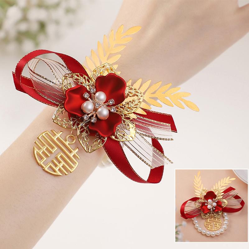 Brățară Exquisită pentru Domnișoare de Onoare cu Flori Artificiale, Panglică Dulce de Nuntă, Fundă cu Perle, Flori de Mână pentru Mireasă, Accesorii de Petrecere, Bal de Promovare, Cadouri