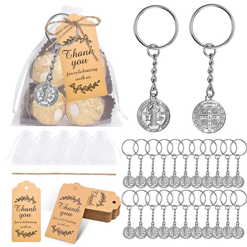 Baptism Key Ring Double Sided St Benedict Medal Keychain With Organza Gift Bags - 24 Sets First Communion Favors For Guests