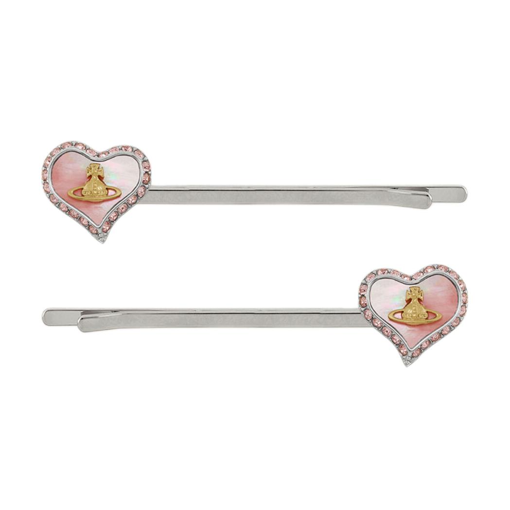 Vivienne Westwood Petra Crystal Mother Of Pearl Saturn Logo Irregular Mother Of Pearl Heart Brooch Hairpin Unisex Accessories 67030018-02P659 F,Silver