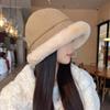 Warm Plus Velvet Panama Hat Wide Brim Winter Fisherman Hat Kawaii Fluffy Fur Bucket Hat  Lady